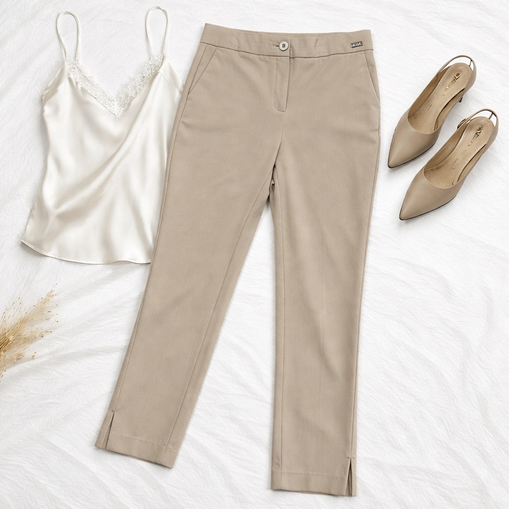 Badgley Mischka Beige Tailored Trousers Size 10 Stretch Slim Dress Pants